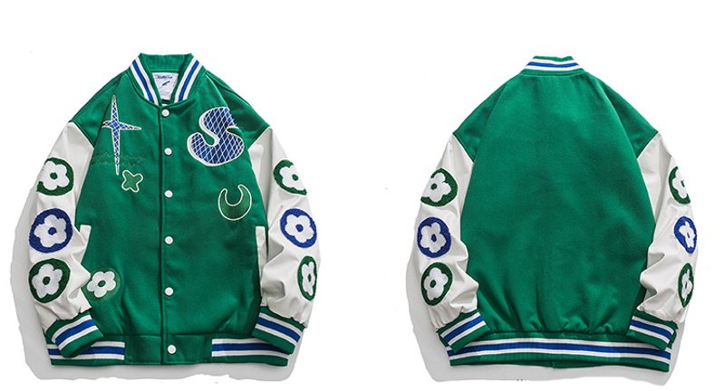 画像6: Sleeve flower embroidery emblem baseball uniform BASEBALL JACKET  blouson  ユニセックス 男女兼用フラワー袖刺繍エンブレムスタジアムジャンパー スタジャン MA-1 ボンバー ジャケット ブルゾン (6)