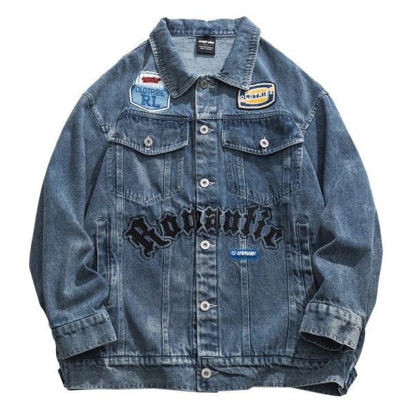 画像1: washed Letter embroidery & emblem Denim G Jean  jacket blouson  ユニセックス 男女兼用レター刺繍＆エンブレム&クロスデニムGジャン ジャケット (1)