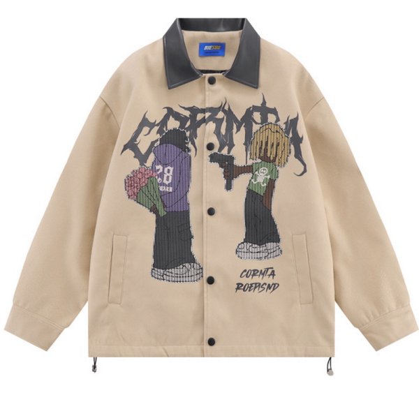 画像1: Hip-hop Boy cartoon printing contrast color lapel jacket JACKET  blouson  ユニセックス 男女兼用ヒップホップボーイプリントウインドブレーカージャンパー スタジャン MA-1 ボンバー ジャケット ブルゾン (1)