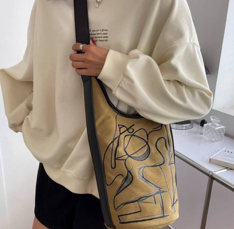 画像3: literary retro color matching graffiti casual bucket shoulder bag Tote  Bag  グラフィティカジュアルバケットショルダートートエコバッグ (3)
