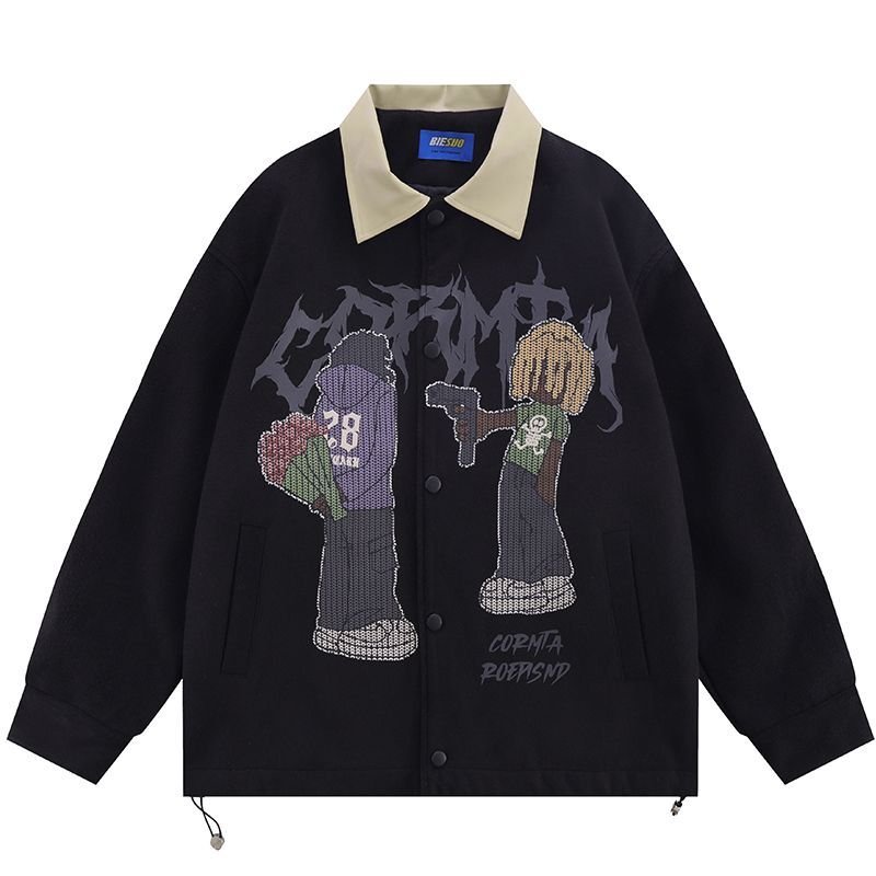 画像2: Hip-hop Boy cartoon printing contrast color lapel jacket JACKET  blouson  ユニセックス 男女兼用ヒップホップボーイプリントウインドブレーカージャンパー スタジャン MA-1 ボンバー ジャケット ブルゾン (2)