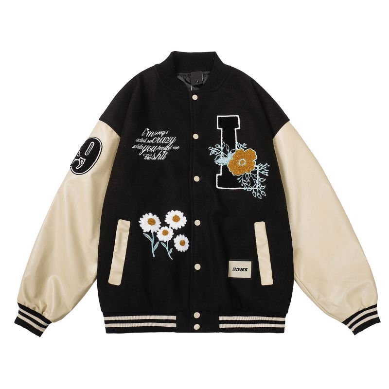 画像2: Flower & back 49 logo  embroidery baseball uniform BASEBALL JACKET  blouson  ユニセックス 男女兼用フラワー＆バック49ロゴスタジアムジャンパー スタジャン MA-1 ボンバー ジャケット ブルゾン (2)