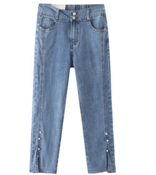 画像1: waist double-button elastic pearl slit denim nine-point pants denim Pants jeans  ウエストダブルボタンパールスリット9分丈デニムデニムパンツ ジーンズ (1)