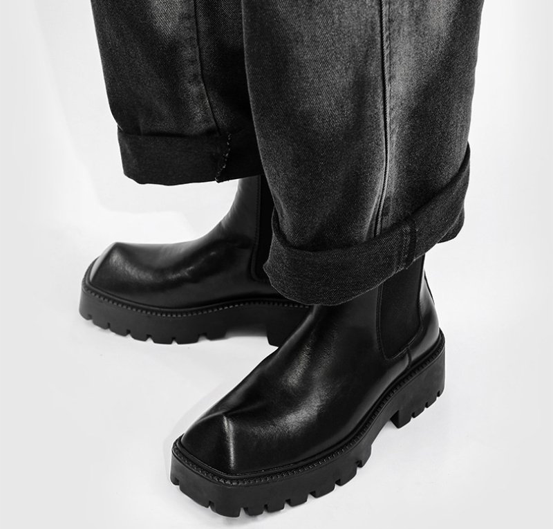 画像15: Men's leather high-top British style square toe Chelsea boots  Martin boots　ユニセックス男女兼用レザーサイドゴアプラットフォームハイカットブーツマーティンブーツ (15)