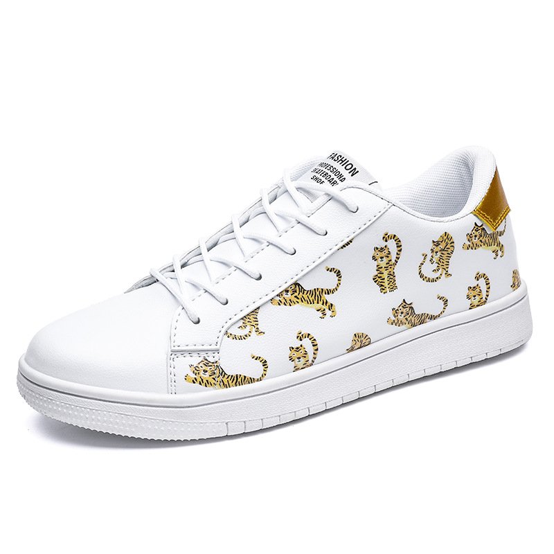 Men's tiger graffiti print lace-up leather sneakers ユニ