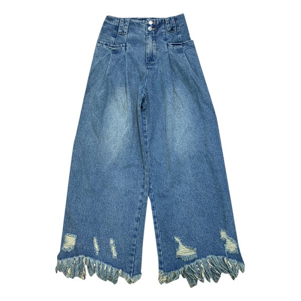 画像1: Tassel Wide Leg Jeans High Waist Mop Pants denim Pants jeans  ハイ ウエスト タッセル ワイドレッグモップ パンツデニムパンツ ジーンズ (1)