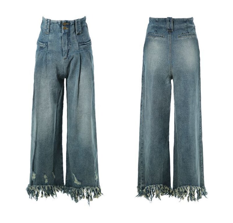 画像5: Tassel Wide Leg Jeans High Waist Mop Pants denim Pants jeans  ハイ ウエスト タッセル ワイドレッグモップ パンツデニムパンツ ジーンズ (5)