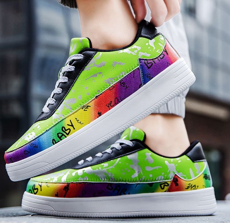 画像4:  Men's Painting platform lace-up leather sneakers  ユニセックス男女兼用ペインティング厚底プラットフォームレースアップスニーカーカジュアル シューズ (4)