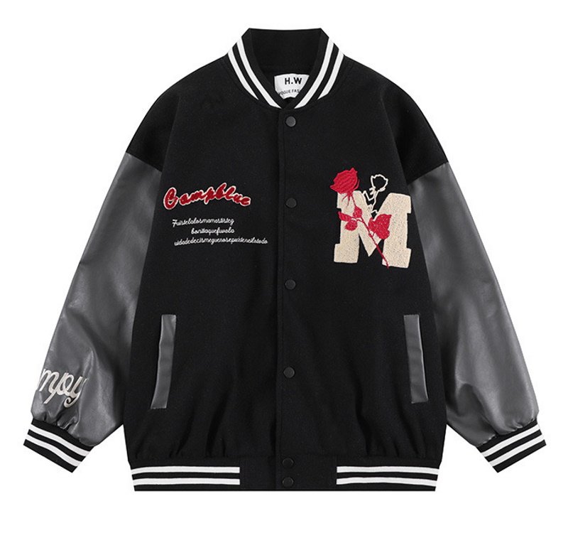 画像4: rose & letter embroidery jacket BASEBALL JACKET  blouson  ユニセックス 男女兼用バラ ローズ&レター刺繍ジャケットスタジアムジャンパー スタジャン MA-1 ボンバー ジャケット ブルゾン (4)