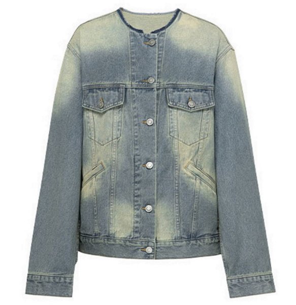 画像1: women's Retro Wash Denim Personality Round Neck Jacket  denim jacket  G Jean jacket 　レトロウォッシュラウンドネックデニムジャケットデニムGジャン (1)