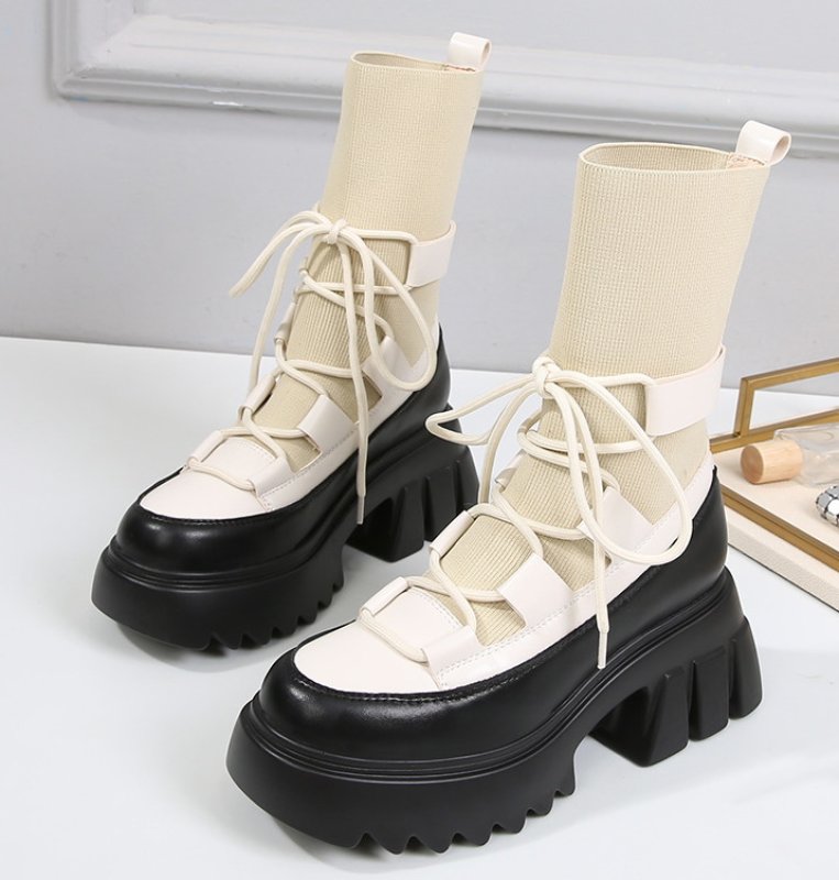 画像2: Woman's Sock Martin Boots  チャンキーヒールレザーソックスマーティンブーツ (2)