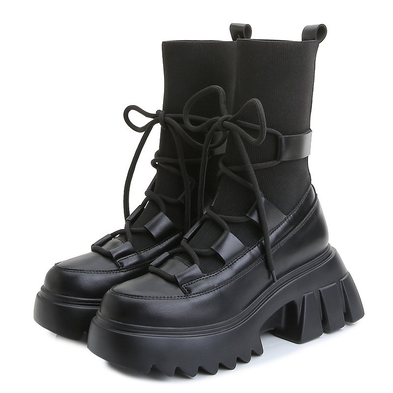 画像3: Woman's Sock Martin Boots  チャンキーヒールレザーソックスマーティンブーツ (3)