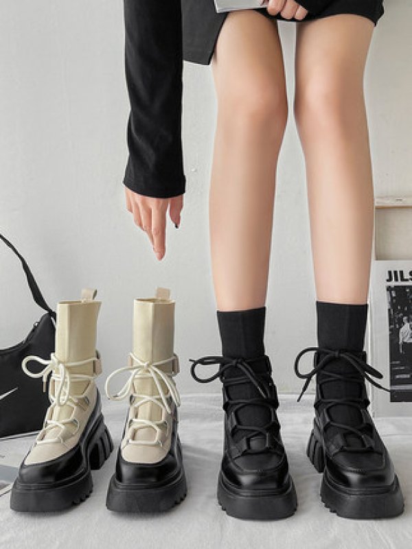 画像4: Woman's Sock Martin Boots  チャンキーヒールレザーソックスマーティンブーツ (4)