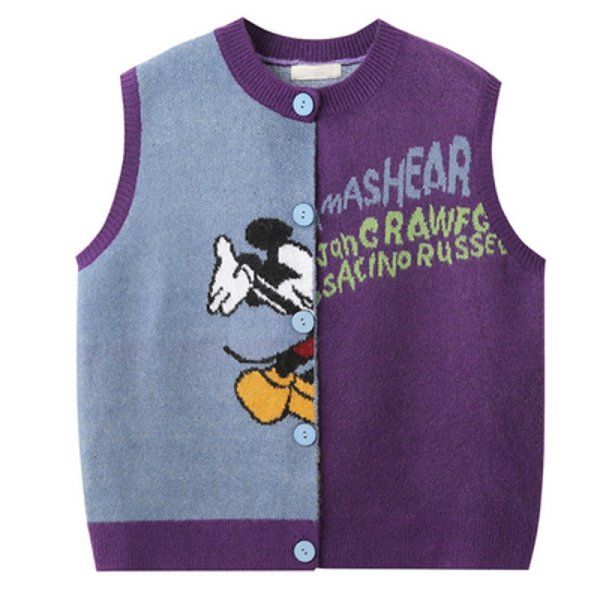 画像1: contrast color cartoon Mickey knitted vest cardigan Knit  　隠れミッキー 編み込み丸首ラウンドネック ベストセーター  ウール (1)