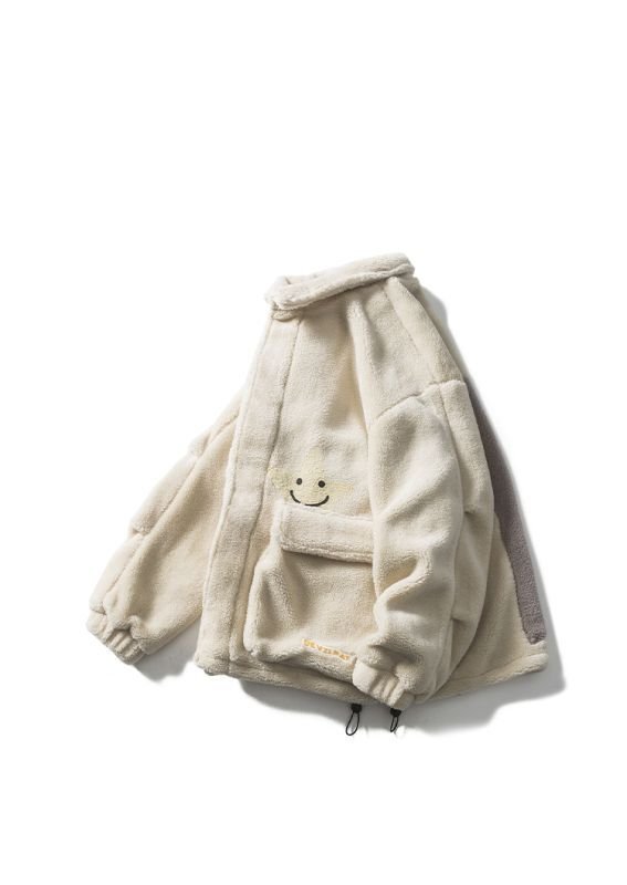 画像3: DEVILRAY Star Smiley Lamb Wool Jacket coat  男女兼用 ユニセックス スマイルファーフェイクムートン フリース モコモコ  ジャケット ファー コート (3)