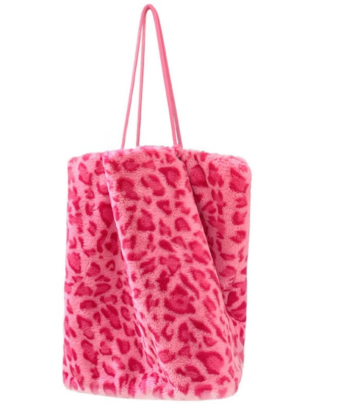 画像2: Pink Leopard Print Hairy Underarm Bag shoulder tote bag ピンクレオパードヒョウ柄ラージショルダートートフレンチバッグ (2)