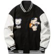 画像2: cartoon bear sticker cloth Klein blue baseball uniform jacket BASEBALL JACKET  blouson  ユニセックス 男女兼用ベア熊エンブレムジャケットスタジアムジャンパー スタジャン MA-1 ボンバー ジャケット ブルゾン (2)