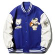 画像1: cartoon bear sticker cloth Klein blue baseball uniform jacket BASEBALL JACKET  blouson  ユニセックス 男女兼用ベア熊エンブレムジャケットスタジアムジャンパー スタジャン MA-1 ボンバー ジャケット ブルゾン (1)