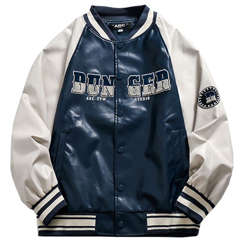 画像1: letter towel embroidered PU leather stitching baseball uniform jacket BASEBALL JACKET  blouson  ユニセックス 男女兼用レタータオル刺繍 レザーステッチジャケットスタジアムジャンパー スタジャン MA-1 ボンバー ジャケット ブルゾン (1)
