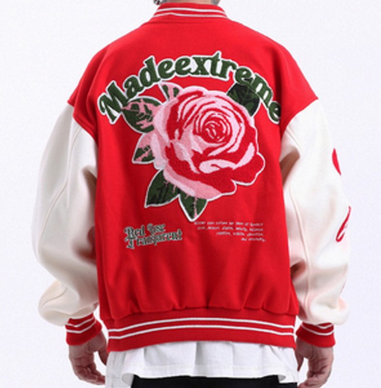 画像2: rose embroidery oversize baseball uniform jacket BASEBALL JACKET  blouson windbreaker  ユニセックス 男女兼用ローズバラ刺繍ジャケットスタジアムジャンパー スタジャン MA-1 ボンバー ジャケット ブルゾン (2)
