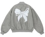 画像1: Newport style ribbon print MA-1BASEBALL JACKET  blouson  ユニセックス 男女兼用リボンプリントMA-1ジャケットスタジアムジャンパー スタジャン ボンバー ジャケット ブルゾン (1)