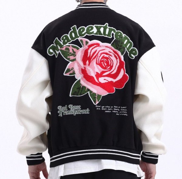 画像1: rose embroidery oversize baseball uniform jacket BASEBALL JACKET  blouson windbreaker　 ユニセックス 男女兼用ローズバラ刺繍ジャケットスタジアムジャンパー スタジャン MA-1 ボンバー ジャケット ブルゾン (1)