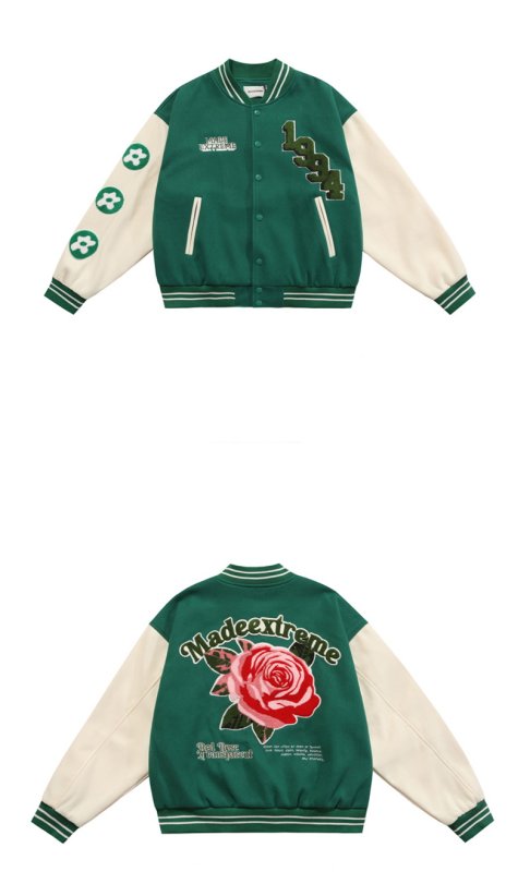画像10: rose embroidery oversize baseball uniform jacket BASEBALL JACKET  blouson windbreaker  ユニセックス 男女兼用ローズバラ刺繍ジャケットスタジアムジャンパー スタジャン MA-1 ボンバー ジャケット ブルゾン (10)