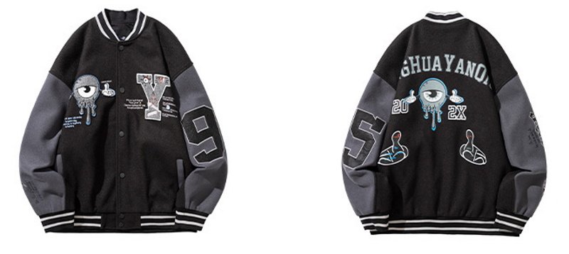 画像3: hip hop eyeball embroidery oversize baseball uniform jacket BASEBALL JACKET  blouson windbreaker  ユニセックス 男女兼用アイボール目玉刺繍ジャケットスタジアムジャンパー スタジャン MA-1 ボンバー ジャケット ブルゾン (3)