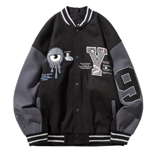 画像1: hip hop eyeball embroidery oversize baseball uniform jacket BASEBALL JACKET  blouson windbreaker　 ユニセックス 男女兼用アイボール目玉刺繍ジャケットスタジアムジャンパー スタジャン MA-1 ボンバー ジャケット ブルゾン (1)