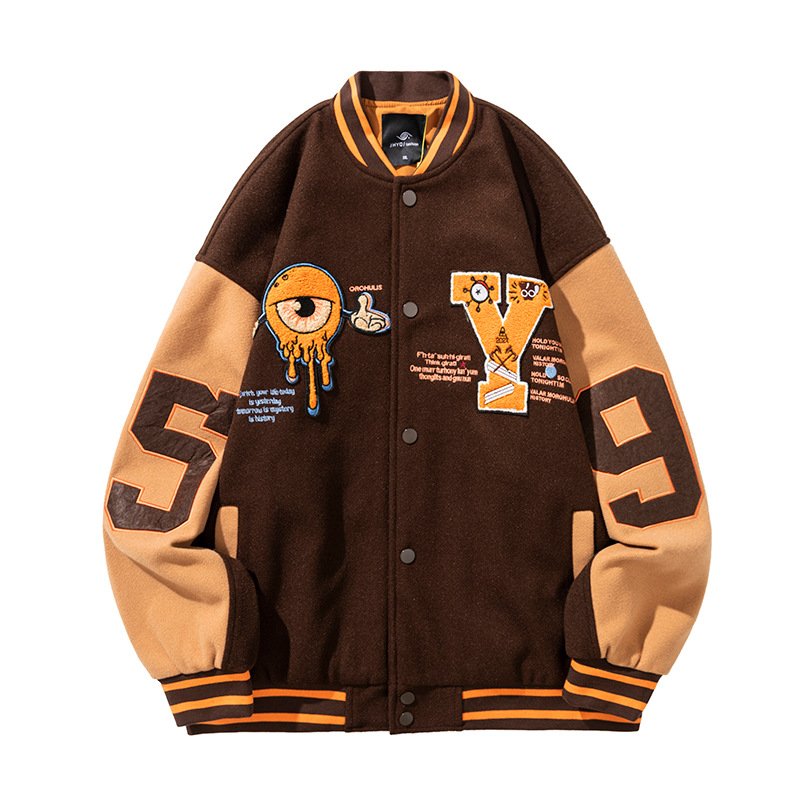 画像2: hip hop eyeball embroidery oversize baseball uniform jacket BASEBALL JACKET  blouson windbreaker  ユニセックス 男女兼用アイボール目玉刺繍ジャケットスタジアムジャンパー スタジャン MA-1 ボンバー ジャケット ブルゾン (2)