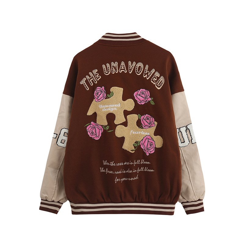 画像2: Jigsaw puzzle & rose embroidery baseball uniform jacket BASEBALL JACKET  blouson windbreaker  ユニセックス 男女兼用ジグソーパズル&ローズバラ刺繍ジャケットスタジアムジャンパー スタジャン MA-1 ボンバー ジャケット ブルゾン (2)