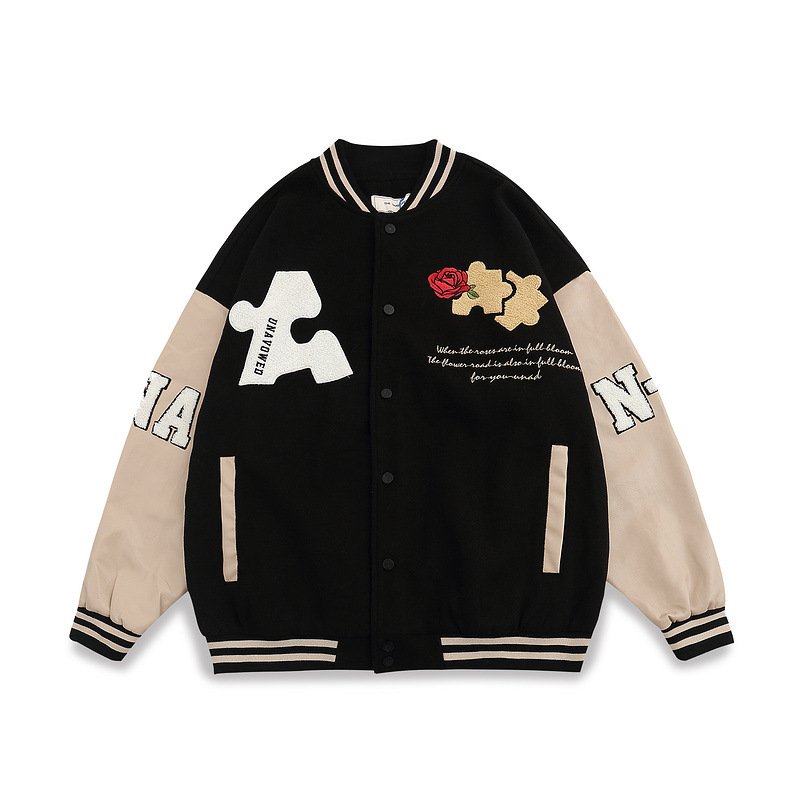 画像3: Jigsaw puzzle & rose embroidery baseball uniform jacket BASEBALL JACKET  blouson windbreaker  ユニセックス 男女兼用ジグソーパズル&ローズバラ刺繍ジャケットスタジアムジャンパー スタジャン MA-1 ボンバー ジャケット ブルゾン (3)