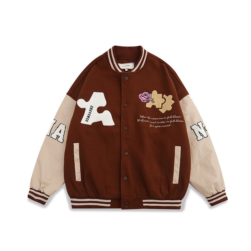 画像4: Jigsaw puzzle & rose embroidery baseball uniform jacket BASEBALL JACKET  blouson windbreaker  ユニセックス 男女兼用ジグソーパズル&ローズバラ刺繍ジャケットスタジアムジャンパー スタジャン MA-1 ボンバー ジャケット ブルゾン (4)