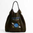 画像2: saturn universe embroidery Large Capacity Tote Shoulder Bag　ラージキャパシティー土星サターン刺繍トートショルダーバッグ　エコショッピングバッグ (2)