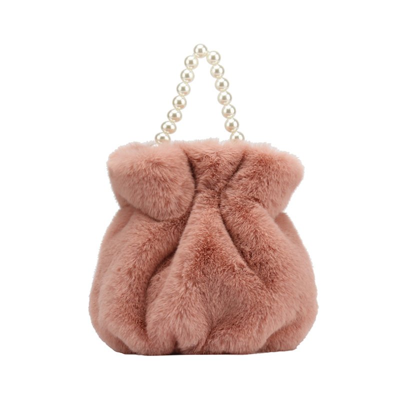 画像6: pearl hand-held plush bucket bag パールハンドルファーバケット巾着トートショルダーバッグ (6)