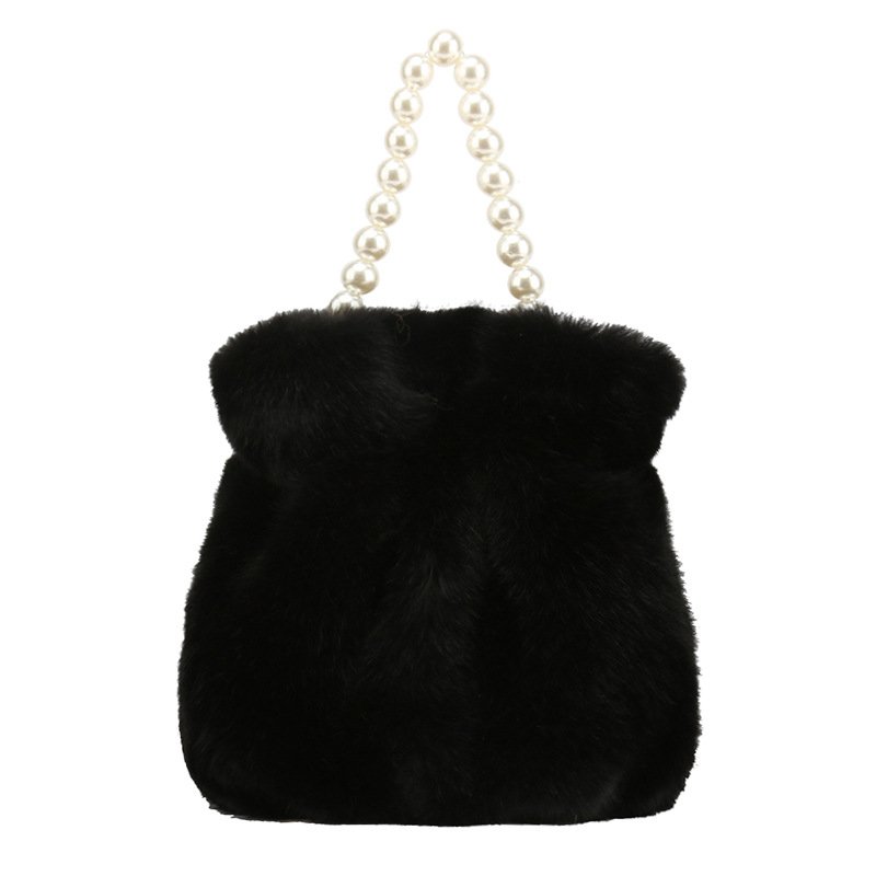 画像4: pearl hand-held plush bucket bag パールハンドルファーバケット巾着トートショルダーバッグ (4)