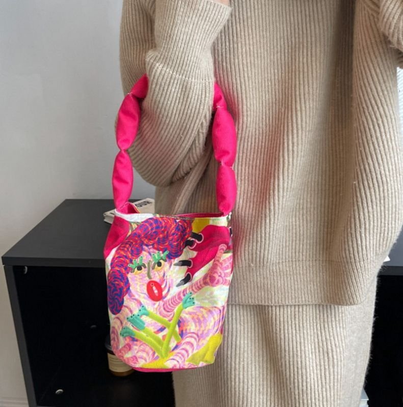 画像5: illustration graffiti cartoon cute handbag bucket bag イラスト落書きグラフィックバケットトートショルダーバッグ (5)