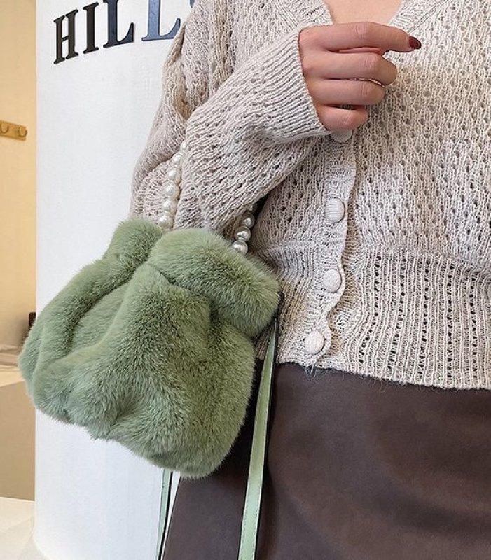 画像10: pearl hand-held plush bucket bag パールハンドルファーバケット巾着トートショルダーバッグ (10)