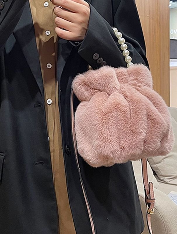 画像9: pearl hand-held plush bucket bag パールハンドルファーバケット巾着トートショルダーバッグ (9)