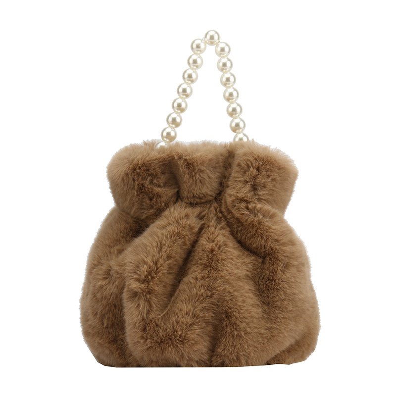 画像2: pearl hand-held plush bucket bag パールハンドルファーバケット巾着トートショルダーバッグ (2)