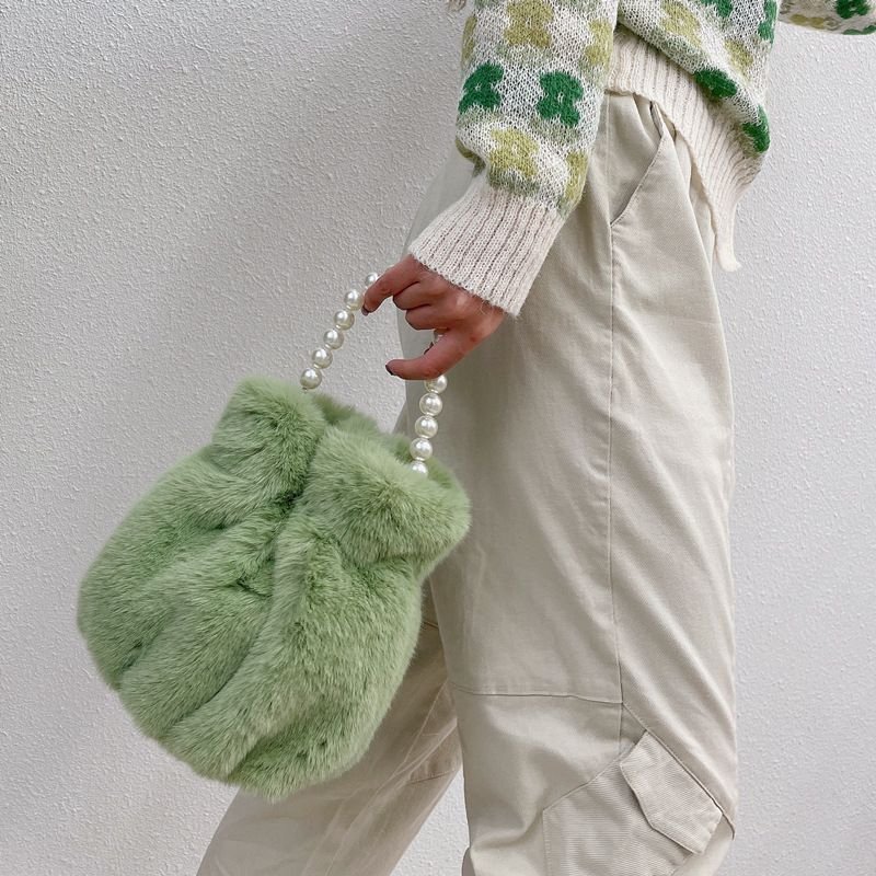 画像8: pearl hand-held plush bucket bag パールハンドルファーバケット巾着トートショルダーバッグ (8)