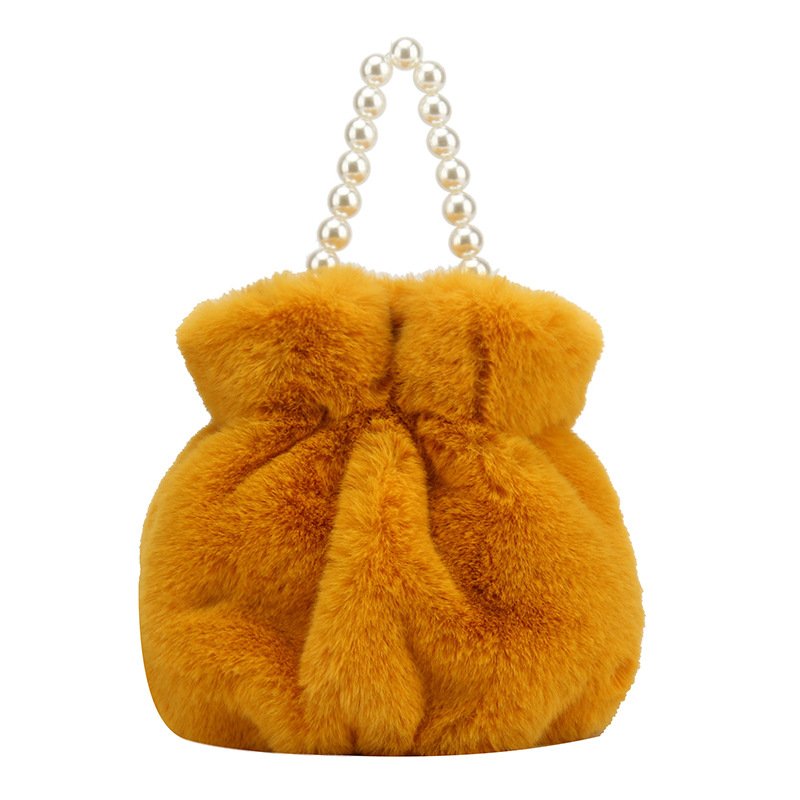 画像7: pearl hand-held plush bucket bag パールハンドルファーバケット巾着トートショルダーバッグ (7)