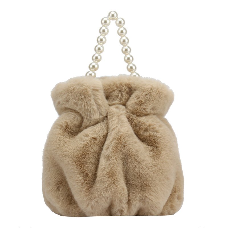 画像3: pearl hand-held plush bucket bag パールハンドルファーバケット巾着トートショルダーバッグ (3)
