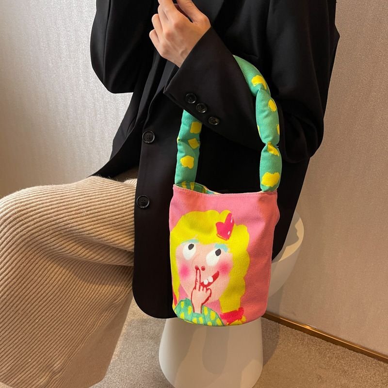 画像7: illustration graffiti cartoon cute handbag bucket bag イラスト落書きグラフィックバケットトートショルダーバッグ (7)