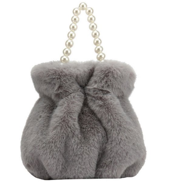 画像1: pearl hand-held plush bucket bag　パールハンドルファーバケット巾着トートショルダーバッグ (1)