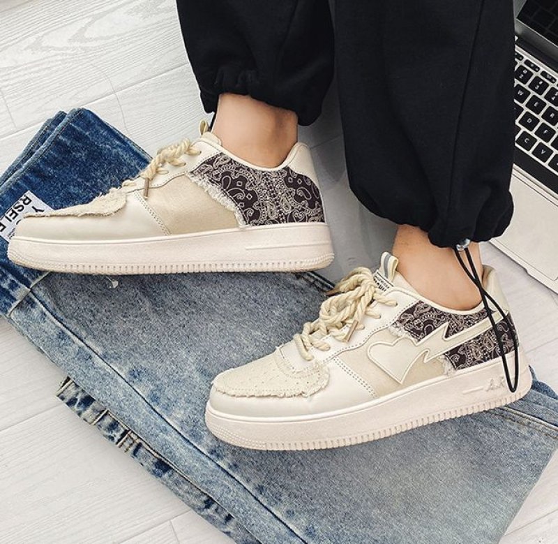 画像11: heart & bandana print paisley canvas & leather lace up sneakers shoes  ユニセックス男女兼用ハート&バンダナ柄ペイズリー キャンバス&レザースニーカー カジュアル シューズ (11)