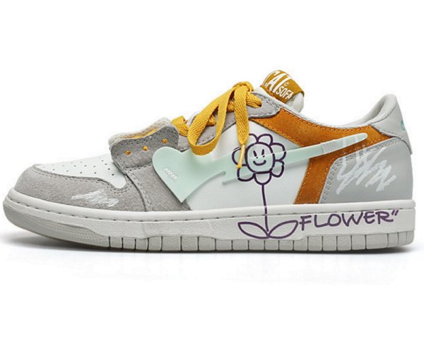 画像1: Men's and woman graffiti paint sunflower flower leather  lace-up sneakers  ユニセックス男女兼用落書きペイント向日葵ひまわりフラワーレースアップ スニーカー (1)