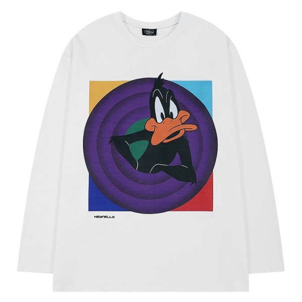 画像1: daffy duck print long sleeve t-shirt pullover round neck   ユニセックス男女兼用ダフィーダックプリント 長袖Tシャツラウンドネックスウェットプオーバー (1)