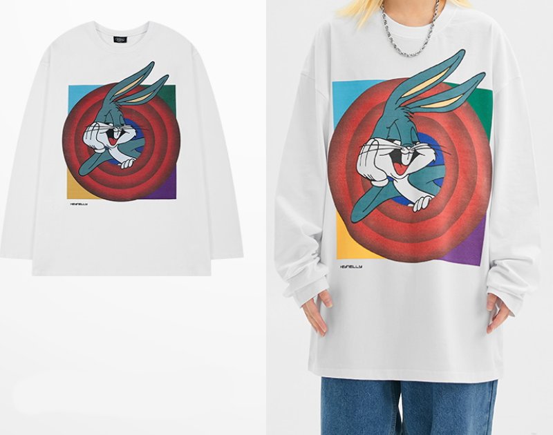 画像2: Bugs Bunny print long sleeve t-shirt pullover round neck   ユニセックス男女兼用バックスバニープリント 長袖Tシャツラウンドネックスウェットプオーバー (2)