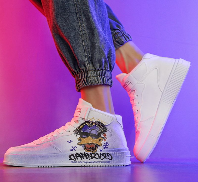 画像5: Men's black donald duck print High Cut  leather  lace-up sneakers   男女兼用ユニセックスブラックドナルドダックハイカットレザーレースアップ スニーカー (5)